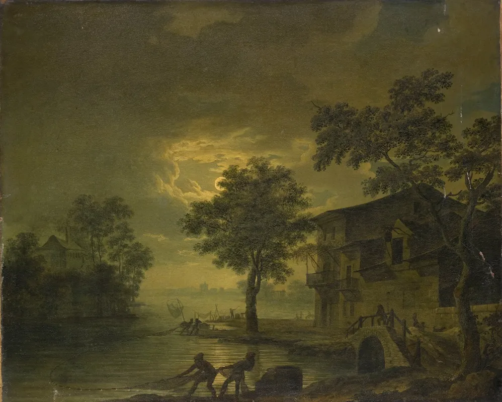 River Landscape With Fishermen At Moonshine Wall Art by Jean François Huë - High-Resolution Digital Print
