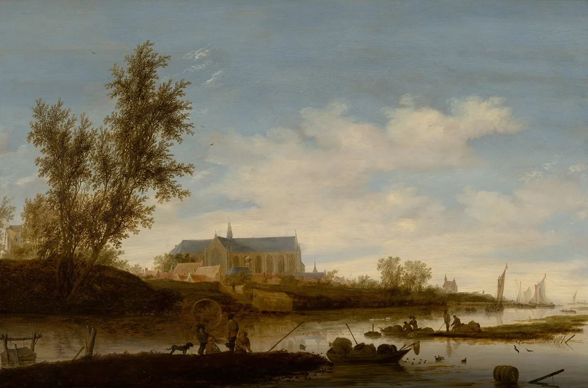 River Landscape With Fishermen In The Foreground The Laurenskerk In Alkmaar Beyond