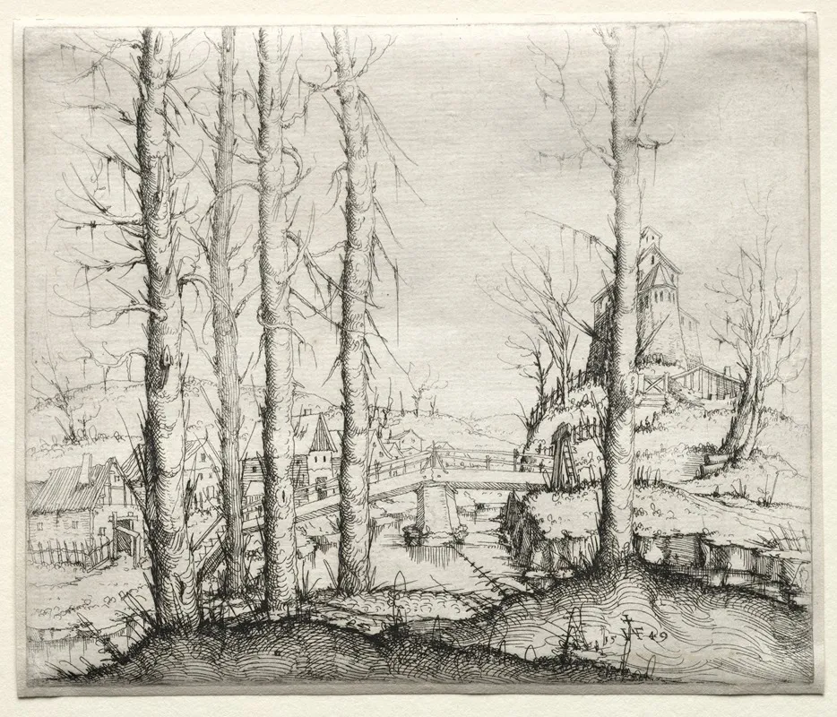 River Landscape With Five Bare Spruce Trees In The Foreground