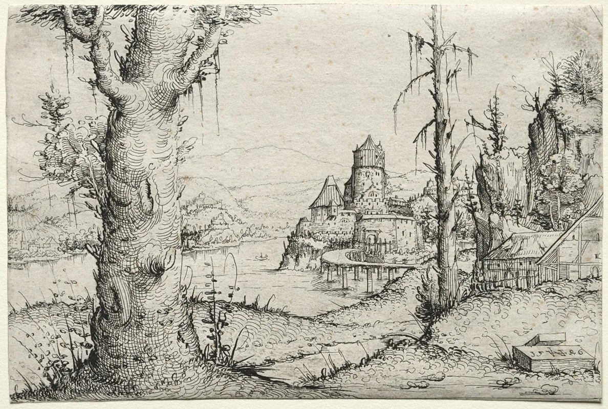 River Landscape With Large Tree At Left
