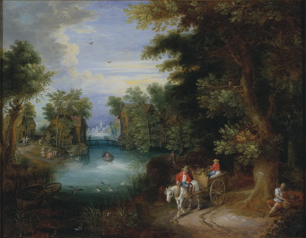 River Landscape With Peasants Wall Art by Adriaen van Stalbemt - High-Resolution Digital Print