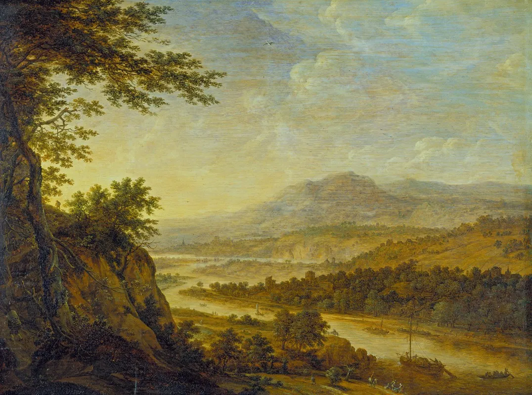 River Landscape With Rise Of Cliffs Wall Art by Herman Saftleven III - High-Resolution Digital Print