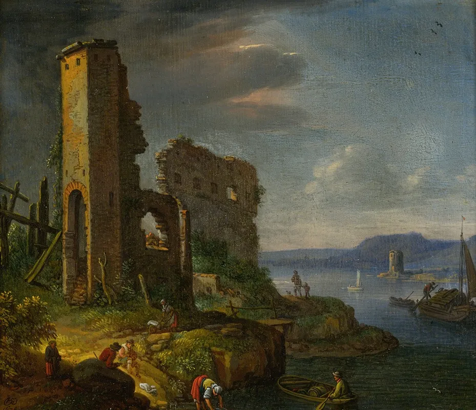 River Landscape With Ruins Boats And Figures