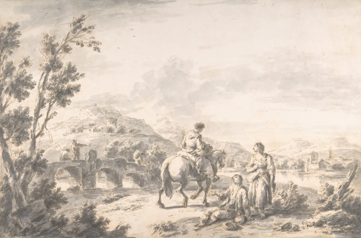 River Landscape With Two Mendicants And Other Figures Wall Art by Giuseppe Zais - High-Resolution Digital Print