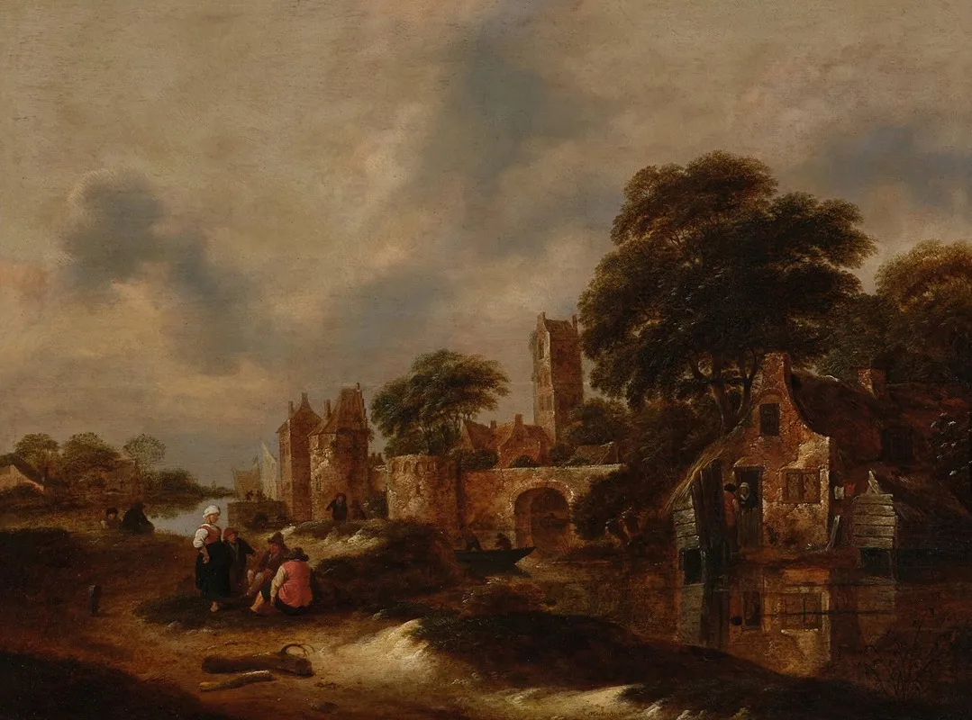River Landscape With Village Walls And Figures Conversing In The Foreground