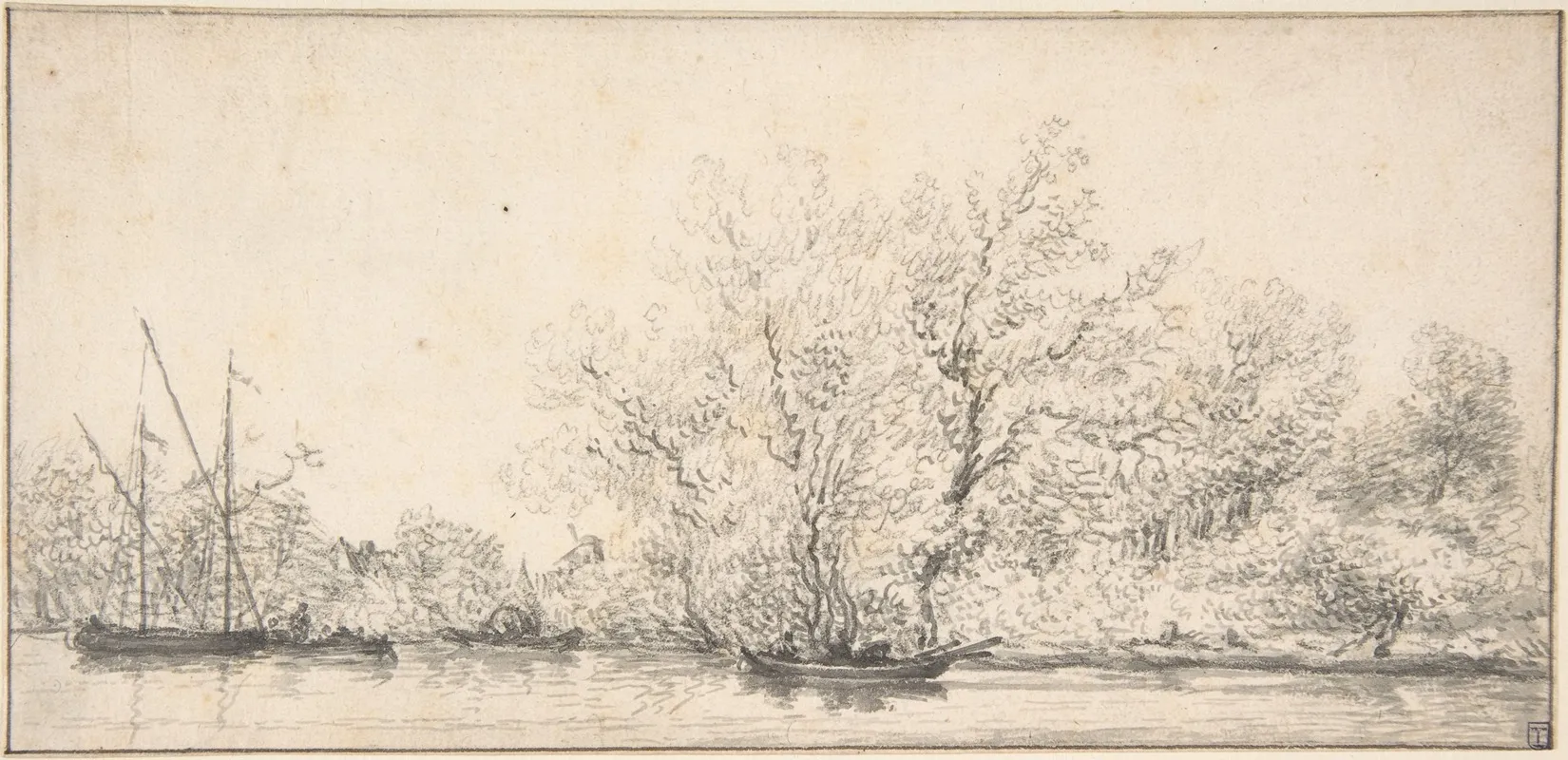 River Scene With Boats Before A Densely Wooded Bank