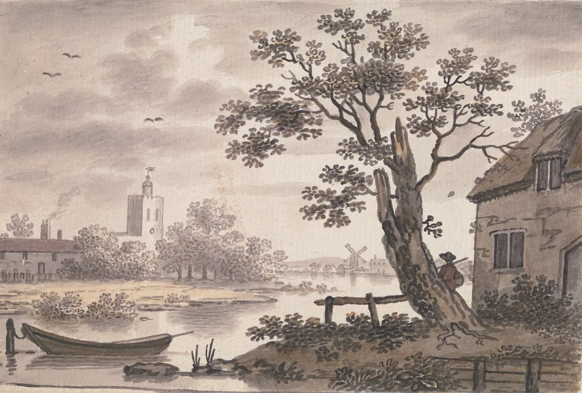River Scene With Church Cottage And Windmill Wall Art by John Collet - High-Resolution Digital Print