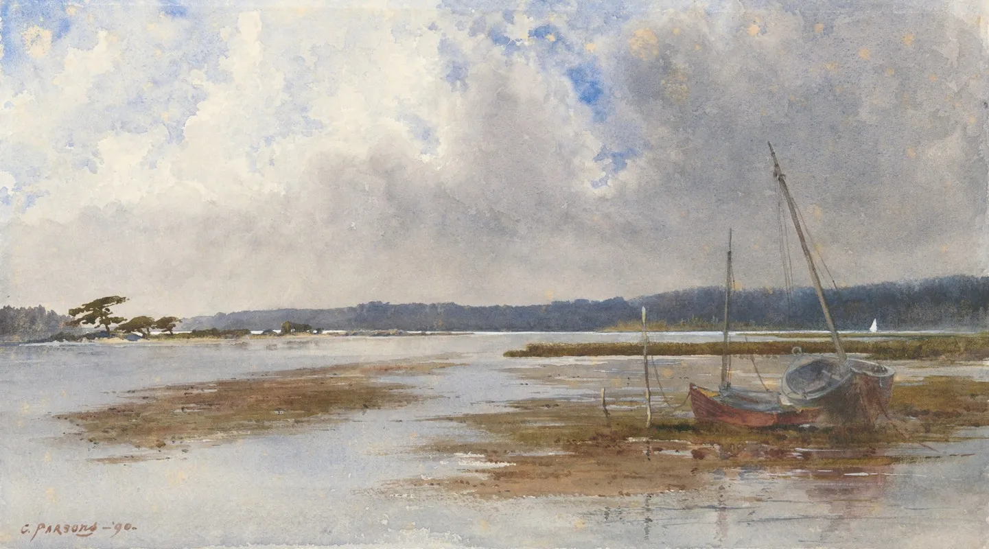River Scene With Stranded Boats