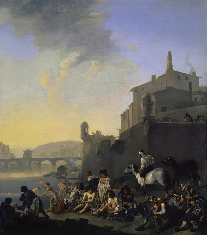 River With Bathing Gypsies Near An Italian Town