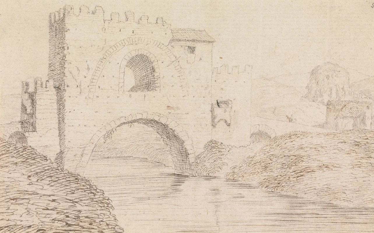 River With Stone Covered Bridge And Arched Window