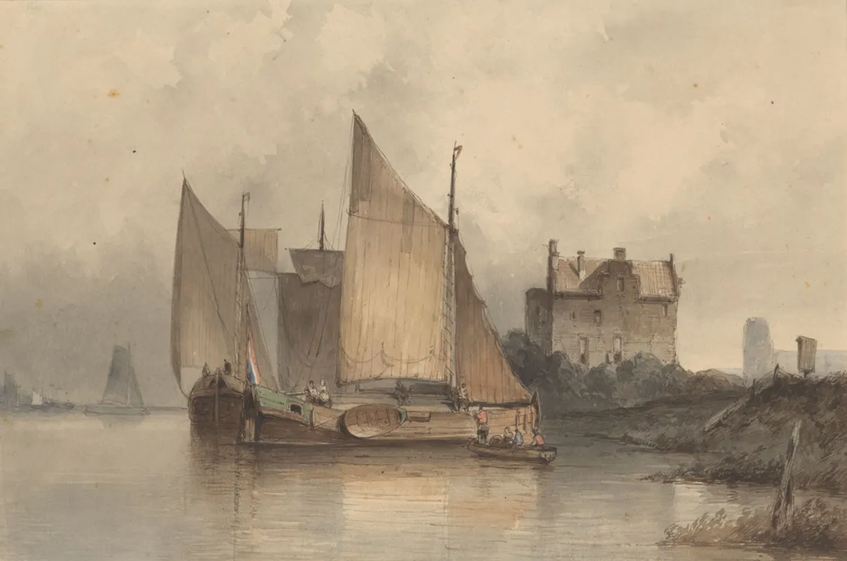 Riviergezicht Met Een Zeilschip
