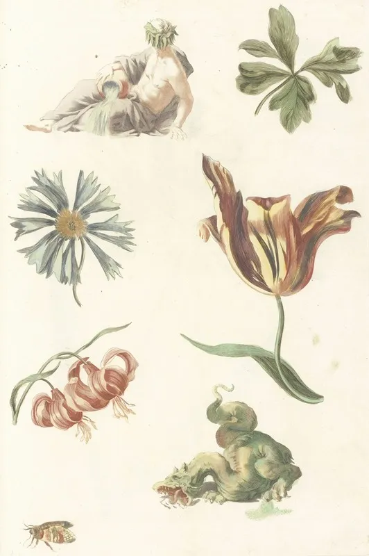 Riviergod Een Draak En Vier Bloemen