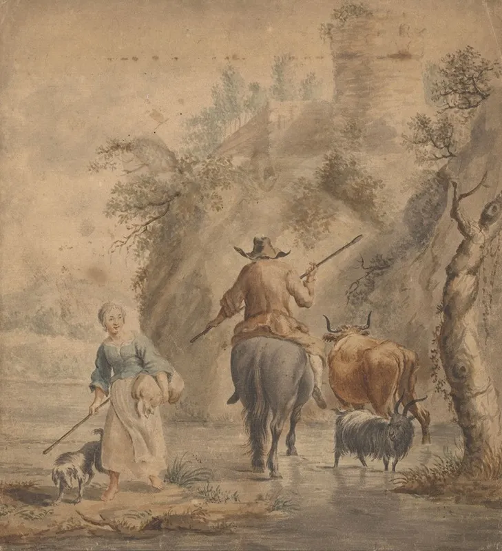 Rivierlandschap Met Een Ruiter Vrouw En Vee
