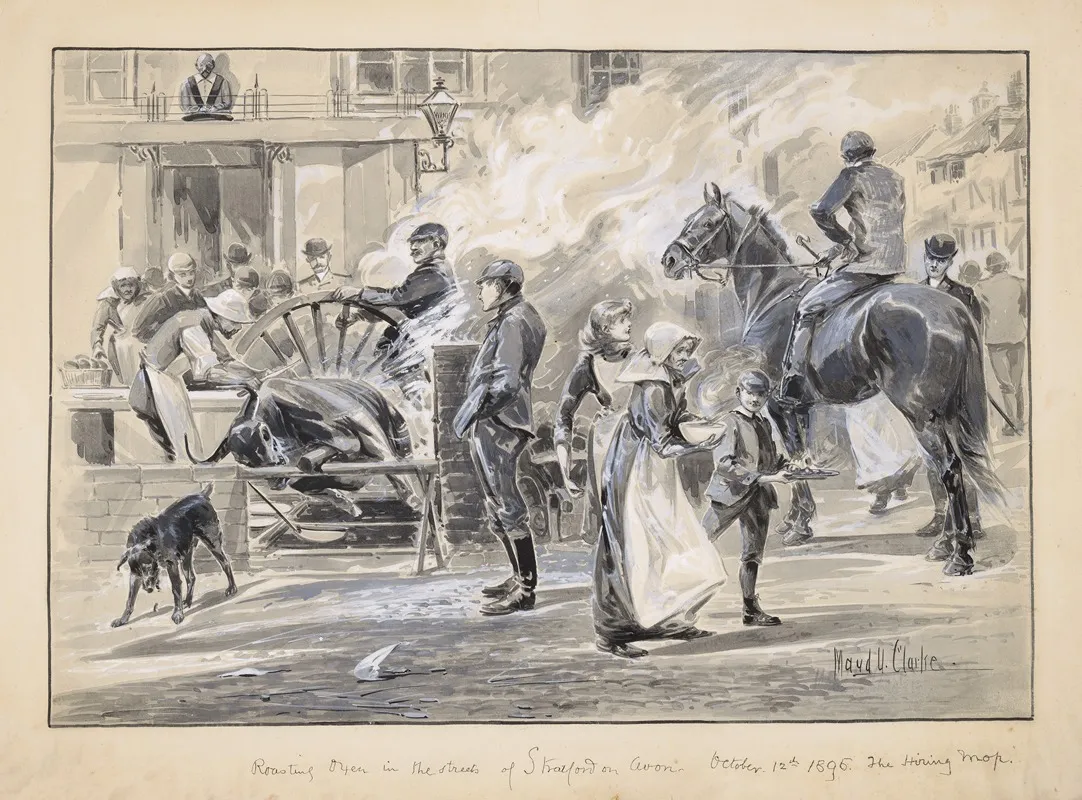 Roasting Oxen In The Streets Of Stratford On Avon October 12th 1895 The Hiring Mop Wall Art by Maud Umfreville Clarke - High-Resolution Digital Print