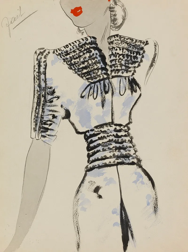 Robe A La Ligne Mince Avec Application De Fourrure Sur Ceinture Col Et Manches Wall Art by M. P. Leven - High-Resolution Digital Print
