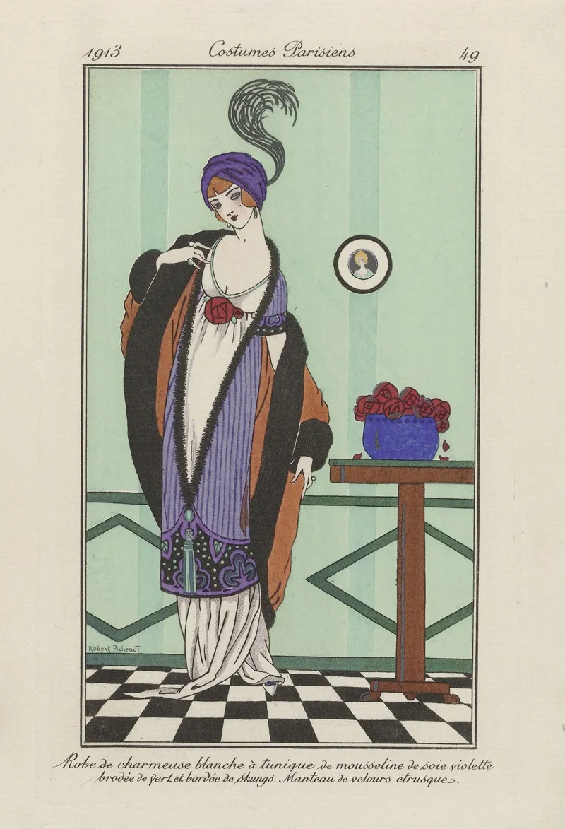 Robe De Charmeuse Blanche A Tunique De Mousseline De Soie Violette Brodee De Vert Et Bordee De Skungs