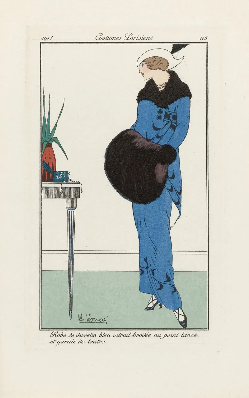 Robe De Duvetin Bleu Vitrail Brodee Au Point Lance Et Garnie De Loutre