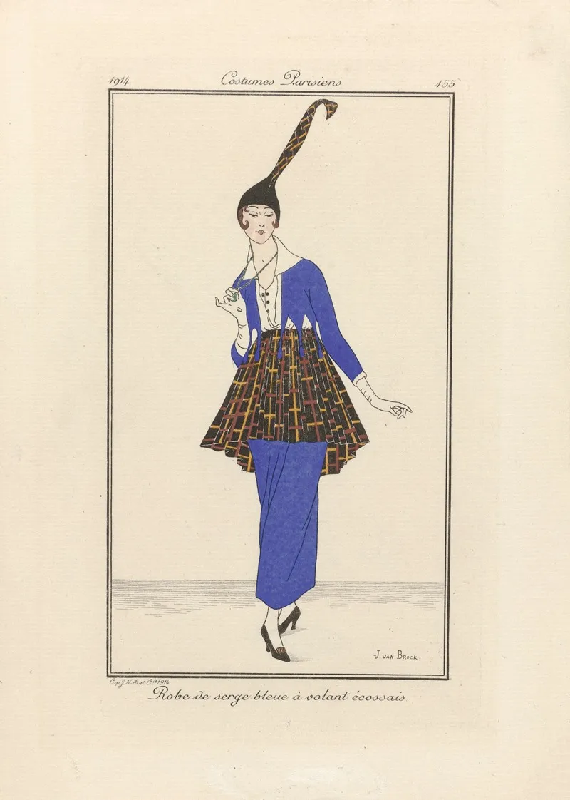 Robe De Serge Bleue A Volant Ecossais