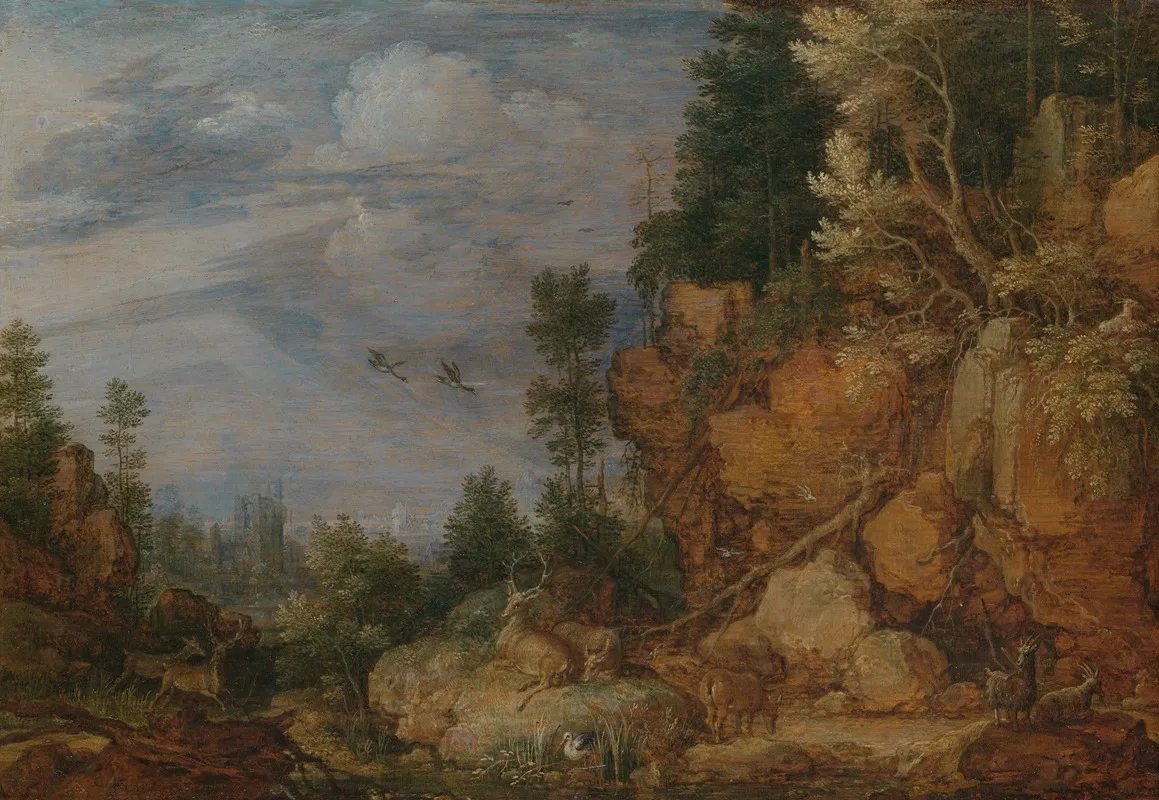 Rocky Landscape With Deer And Goats Wall Art by Gillis Claesz. de Hondecoeter - High-Resolution Digital Print