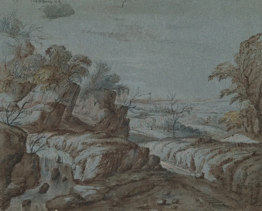 Rocky Landscape With View In Distance Wall Art by Circle of Gillis Neyts - High-Resolution Digital Print