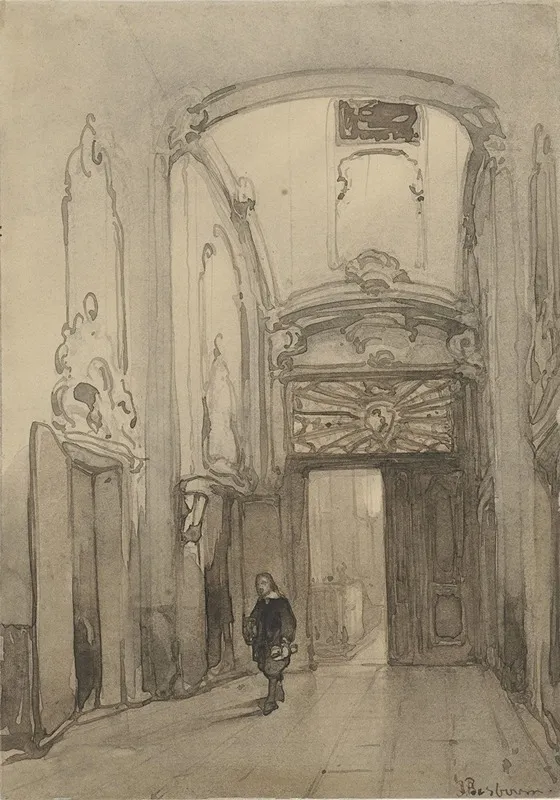 Rococo Portaal In Het Stadhuis In Den Haag Met Een Man In Zeventiende Eeuws Kostuum