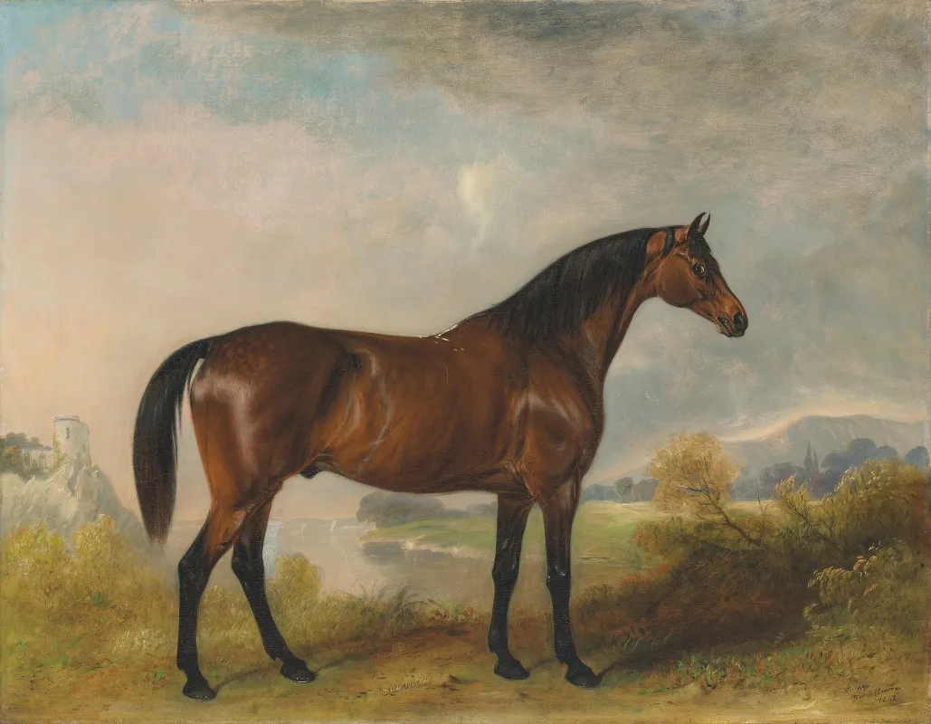 Rodolph A Bay Hunter In An Extensive Landscape Wall Art by John Ferneley - High-Resolution Digital Print