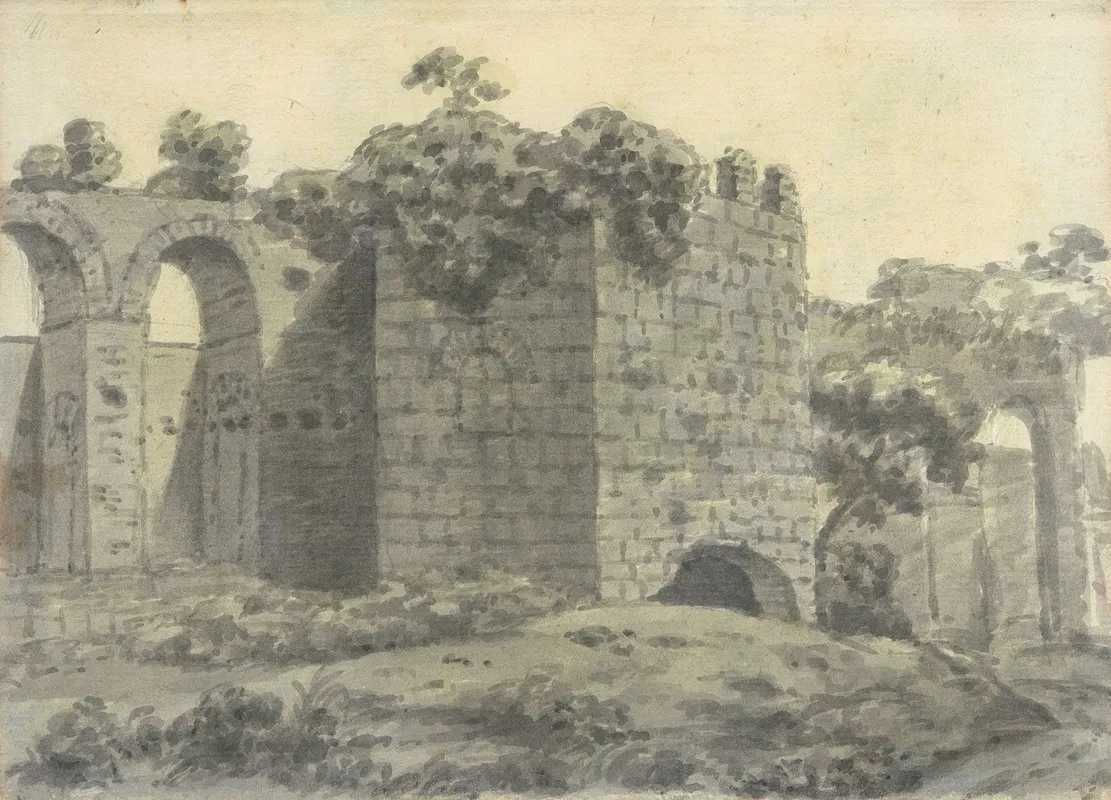 Roman Ruins Including An Arched Aqueduct And Tower