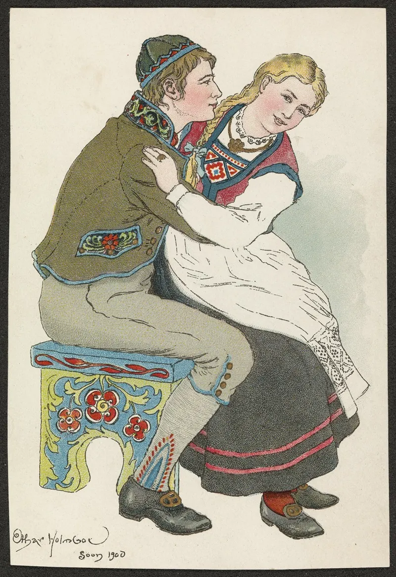 Romantic National Costume Card Wall Art by Othar Holmboe - High-Resolution Digital Print