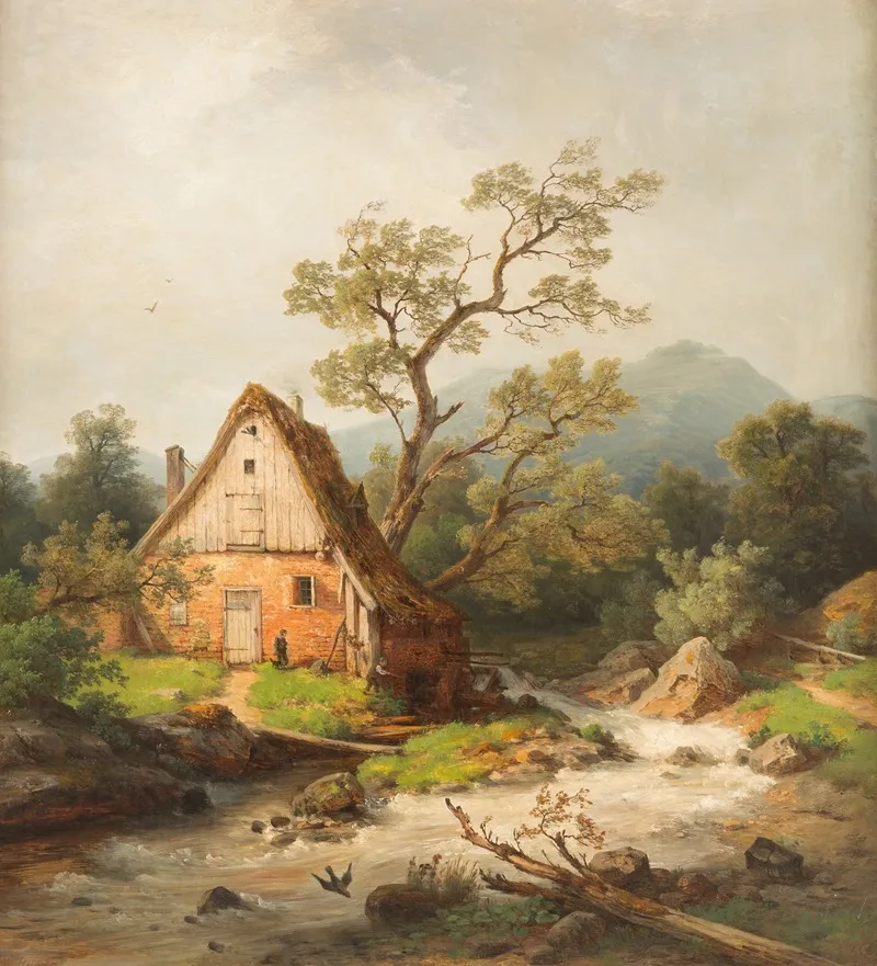 Romantic Watermill By A Stream Wall Art by Heinrich Steinike - High-Resolution Digital Print