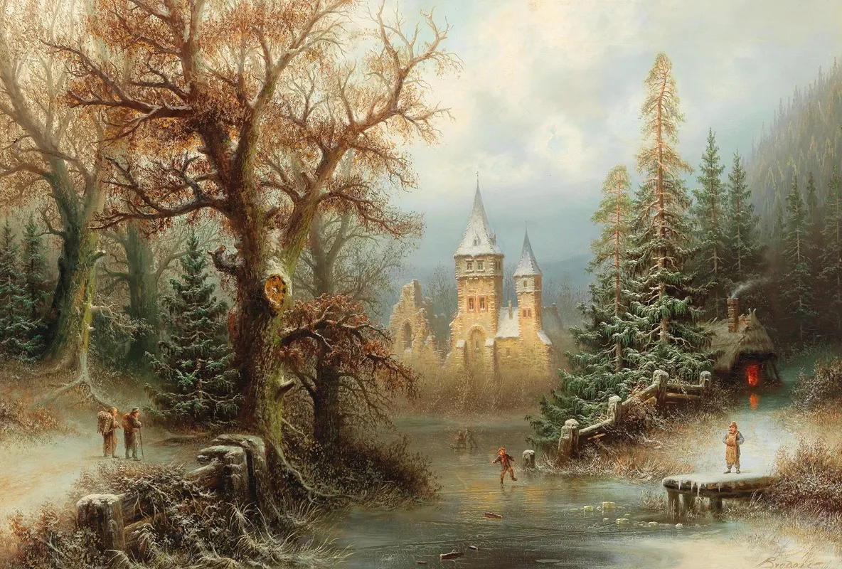 Romantic Winter Landscape With Ice Skaters By A Castle