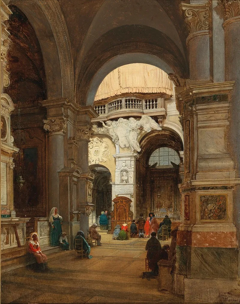 Rome A Scene In The Church Of Santa Maria Del Popolo In The Background The Organ Gallery With The Coat Of Arms Of Giulio Ii Della Rovere Wall Art by Luigi Marchesi - High-Resolution Digital Print