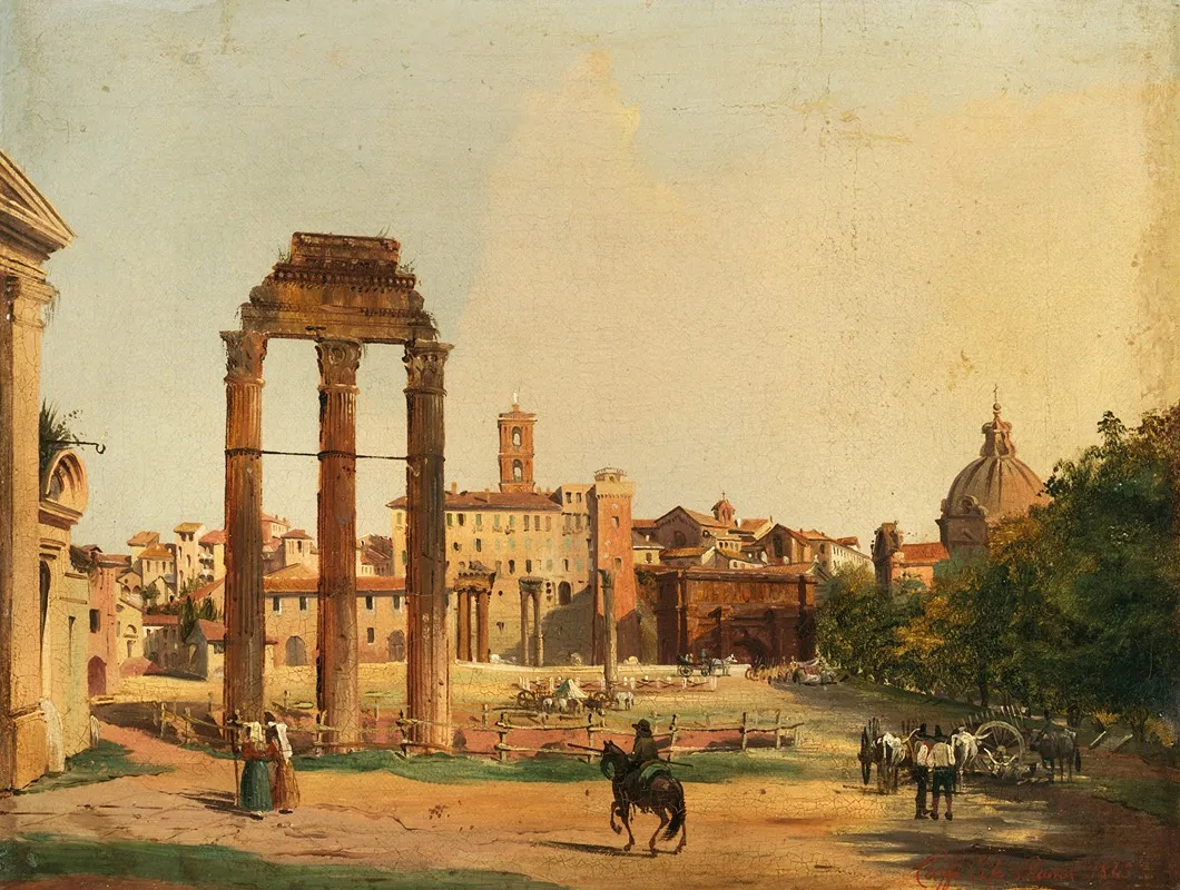 Rome A View Of The Roman Forum With The Temple Of Castor And Pollux Wall Art by Ippolito Caffi - High-Resolution Digital Print
