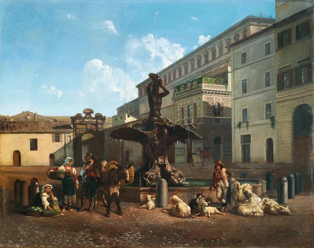 Rome Piazza Barberini Wall Art by Carl Max Gerlach Quaedvlieg - High-Resolution Digital Print