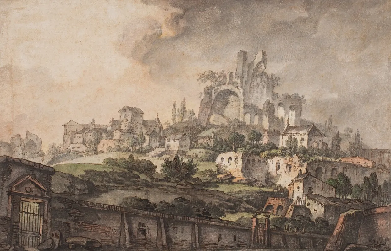 Romersk Prospekt Med Mur I Forgrunden Kirke Og Ruin I Baggrunden Wall Art by Jens Petersen Lund - High-Resolution Digital Print