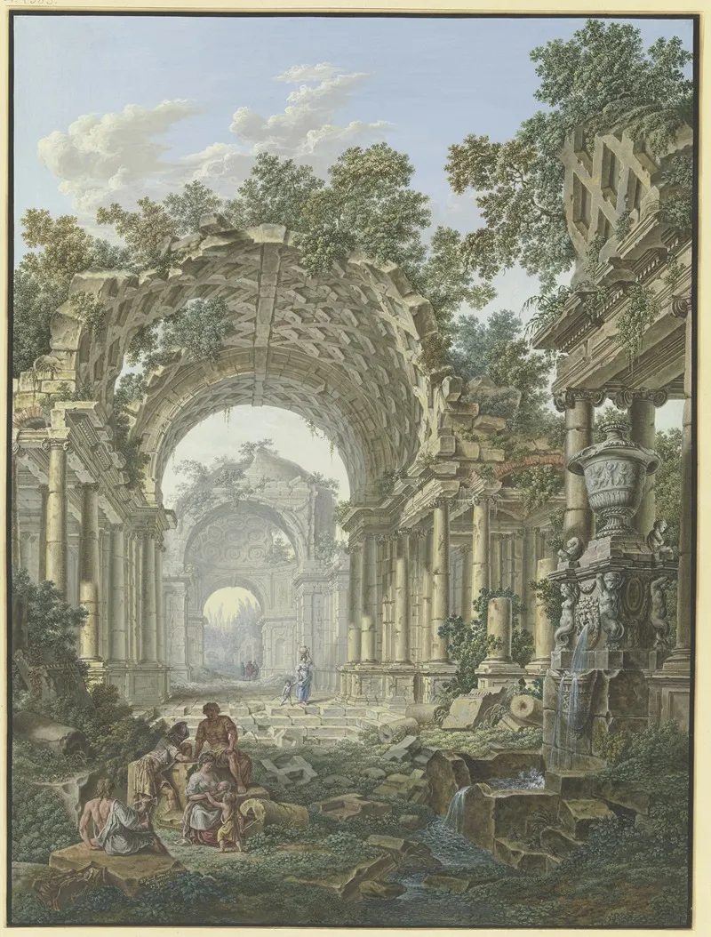 Romische Ruinen Rechts Ein Brunnen Mit Staffage Wall Art by Jean François Gout - High-Resolution Digital Print