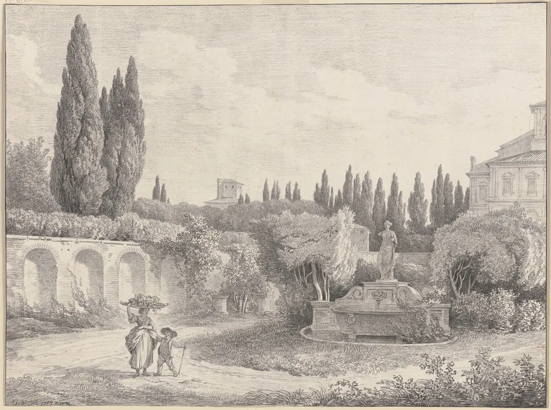 Romische Villa Mit Einem Brunnen Links Eine Frau Mit Einem Korb Auf Dem Kopf Und Einem Knaben Wall Art by Jean Baptiste Coste - High-Resolution Digital Print
