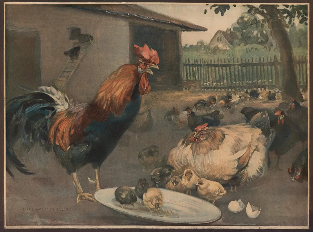 Rooster Hen And Chickens 2 Wall Art by Emil Schmidt - High-Resolution Digital Print