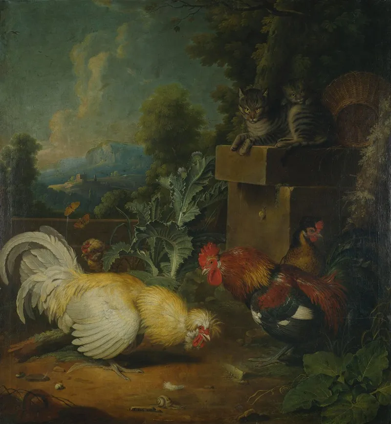 Roosters And Cats Wall Art by Jacob Samuel Beck - High-Resolution Digital Print