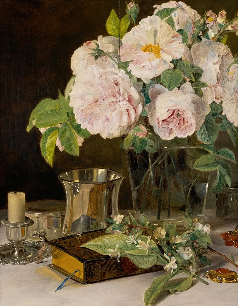 Rosen Im Glas Stilleben Mit Rosen Leuchter Und Silbernem Becher Wall Art by Ferdinand Georg Waldmüller - High-Resolution Digital Print