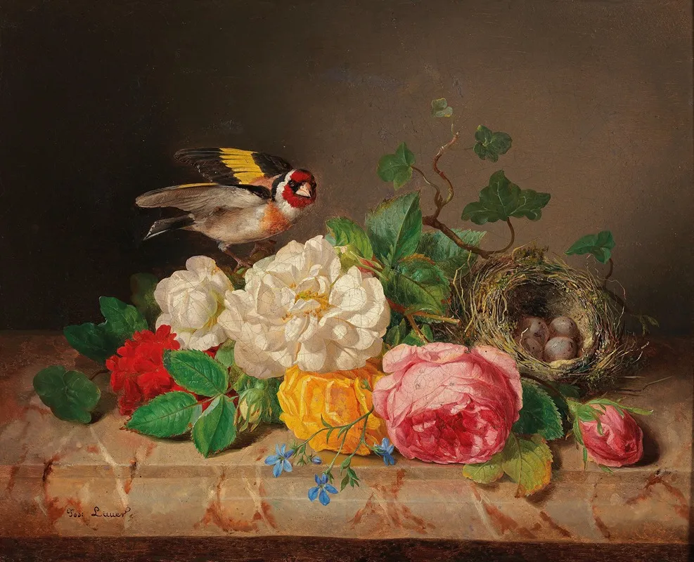 Rosenstuck Mit Stieglitz Und Vogelnest Wall Art by Josef Lauer - High-Resolution Digital Print