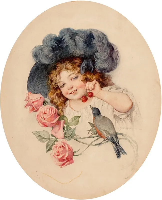Roses And Cherries Wall Art by Maud Humphrey - High-Resolution Digital Print