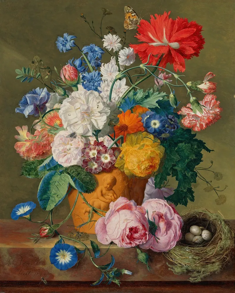 Roses And Other Flowers In A Terracotta Vase With A Birds Nest On A Marble Ledge