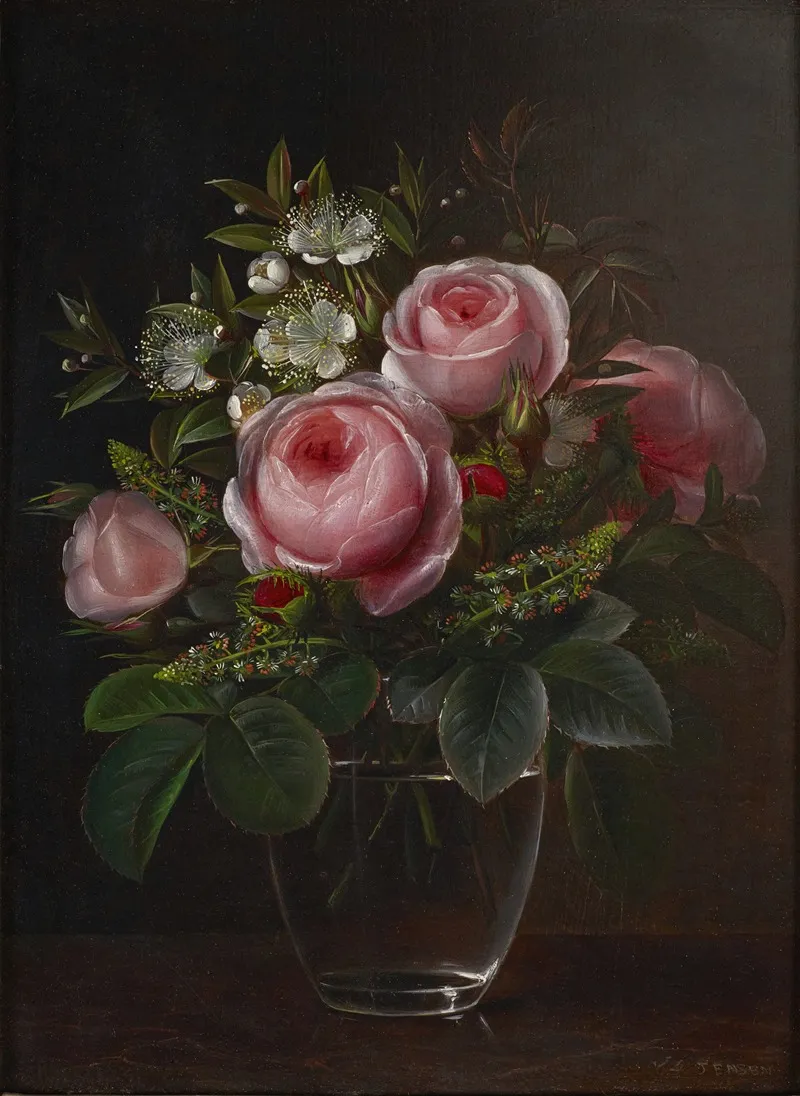 Roses And Tree Anemones In A Glass Vase Wall Art by Johan Laurentz Jensen - High-Resolution Digital Print