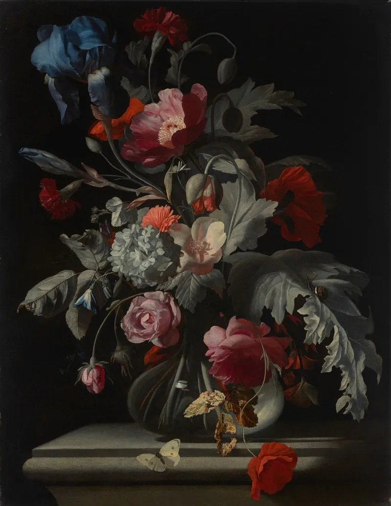 Roses Carnations Poppies And Hydrangea And An Iris In Glass Vase With A Snail And A Butterfly On A Stone Ledge Wall Art by Simon Verelst - High-Resolution Digital Print