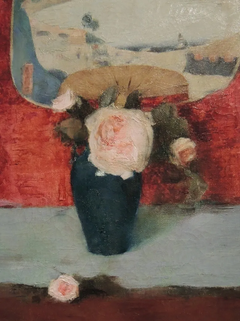 Roses Et Eventail Japonais Huile Sur Toile