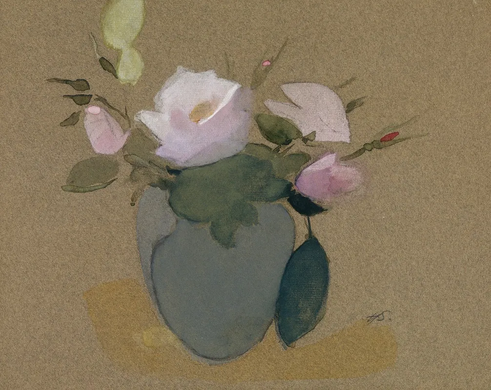 Roses In A Blue Green Vase Wall Art by Helene Schjerfbeck - High-Resolution Digital Print