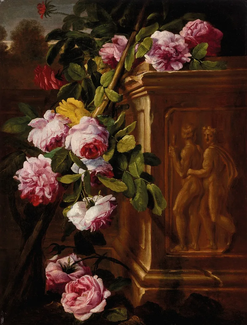 Roses In A Garden With A Sculpted Plinth Wall Art by Abraham Brueghel - High-Resolution Digital Print