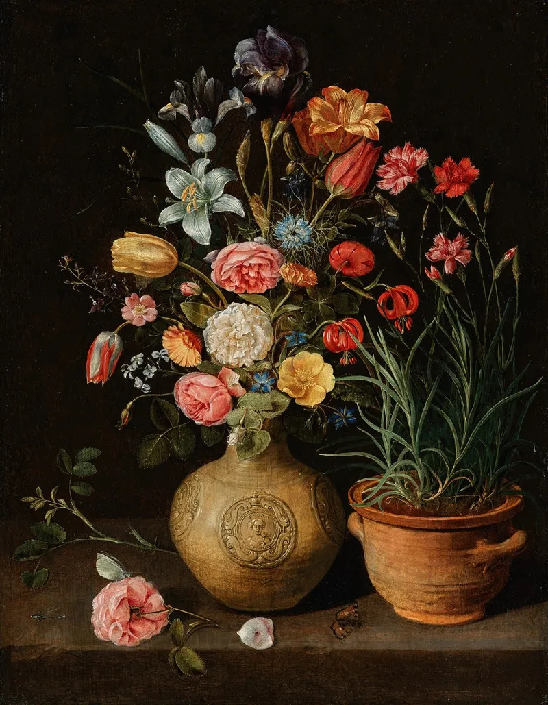 Roses Lilies An Iris And Other Flowers In An Earthenware Vase With A Pot Of Carnations And A Butterfly On A Ledge Wall Art by Clara Peeters - High-Resolution Digital Print