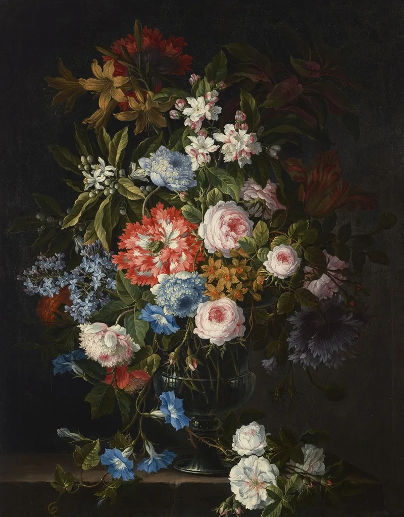 Roses Lilies Tulips Daffodils Morning Glories And Other Flowers In A Glass Vase On A Stone Ledge Wall Art by Antoine Monnoyer - High-Resolution Digital Print