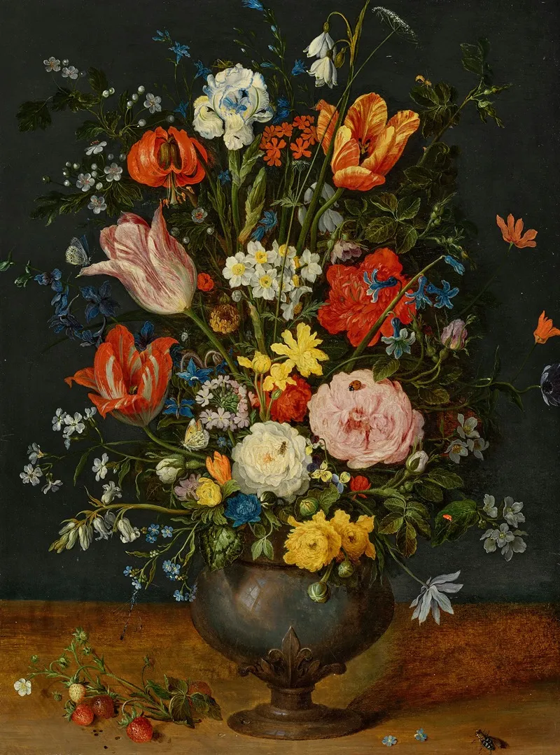 Roses Parrot Tulips Narcissi A Lily A Delphinium Borage Moss Roses Forget Me Nots Viola And Other Flowers In A Pewter Vase Wall Art by Jan Brueghel the Younger - High-Resolution Digital Print
